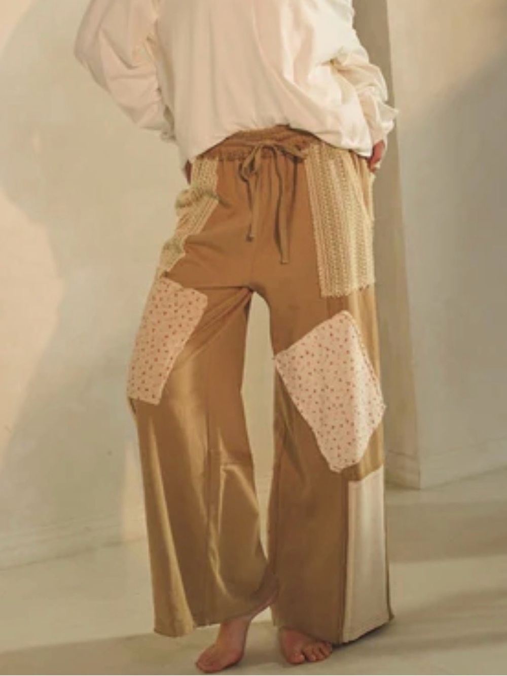 Casual Wide-Leg Patchwork Lounge Pants in Camel